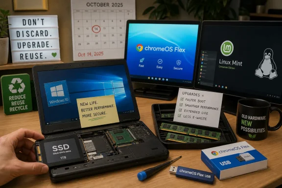 Person holds an open laptop showing upgrade SSD and RAM, next to Chromebooks running ChromeOS Flex and Linux Mint.