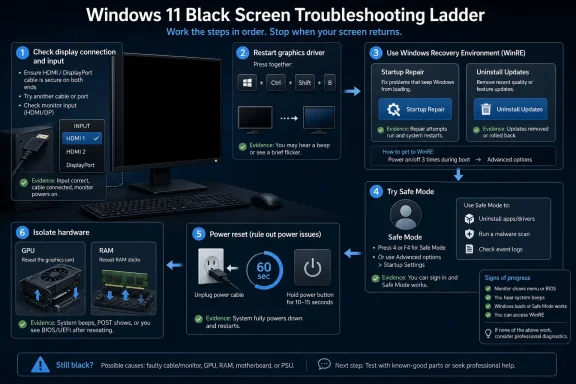 Infographic titled “Windows 11 Black Screen Troubleshooting Ladder” with step-by-step fixes.