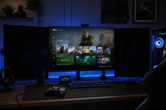 Gaming setup with a monitor displaying the Halo Infinite game library, illuminated by blue LED lighting.
