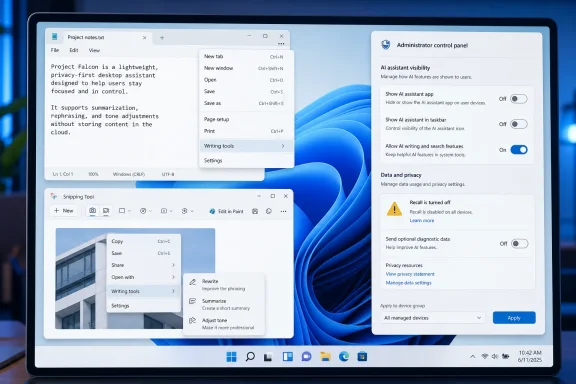 Windows desktop with open writing tools and an administrator control panel for AI visibility and privacy settings.