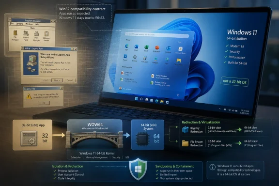 Diagram showing Windows 11 64-bit running 32-bit legacy apps via WOW64 with compatibility, virtualization, and protection.