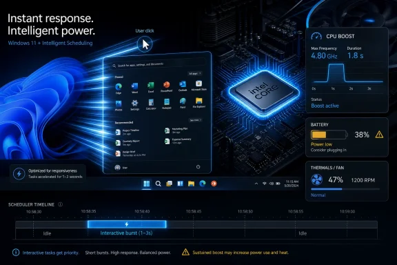 Windows 11 UI shows CPU boost, power and thermal status alongside an Intel Core chip on a blue dashboard.