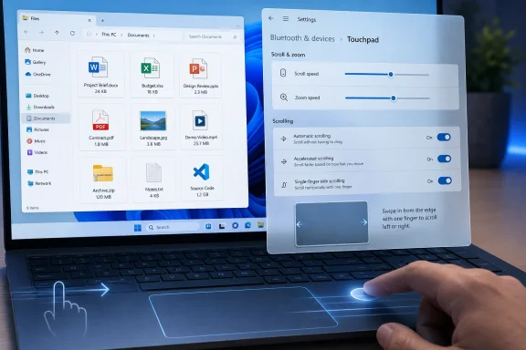 Person adjusting Windows touchpad scroll settings on a laptop with file explorer open.