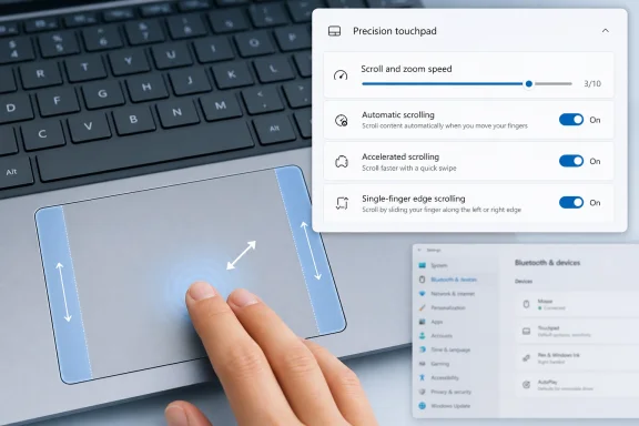 Finger hovering over a laptop touchpad settings panel showing precision touchpad scroll options.
