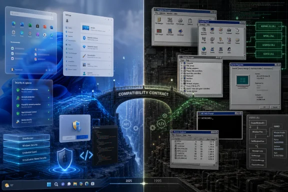 Split-screen Windows compatibility/security interface over a cyber-themed city, showing system tools and API code.