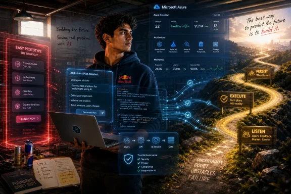 A man in a workshop uses an AI business dashboard, with Azure cloud UI and a futuristic road map overlay.