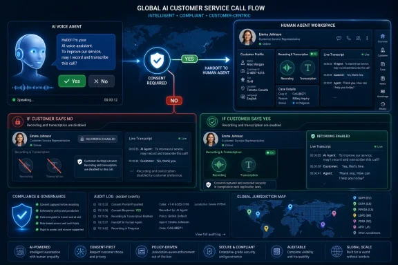 Global AI customer service call flow diagram showing consent handling and handoff to a human agent worldwide.