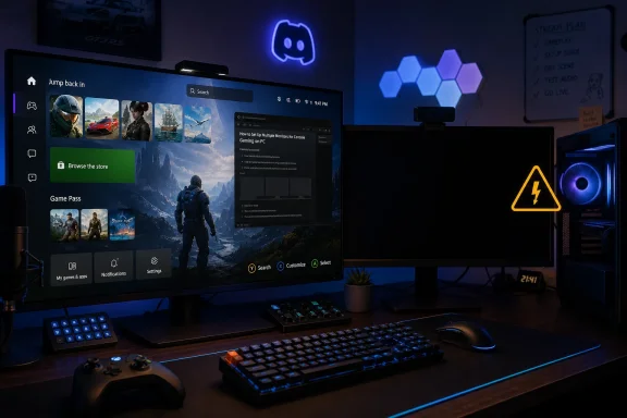 Gaming setup with dual monitors, Xbox UI, and keyboard lights in a dark room.