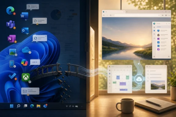 Split-screen desktop with Windows 11 icons on the left and open photo/calendar apps on the right.