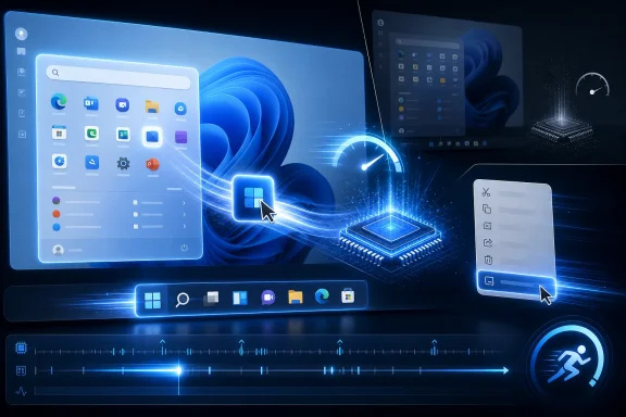 Futuristic Windows-like desktop shows file transfer from icons to a glowing chip via a cursor.