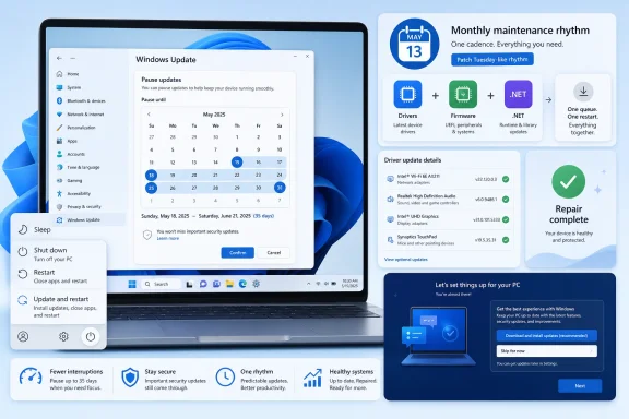 Windows update scheduling interface with maintenance tiles and calendar on a laptop display.