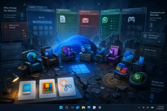 Blue tech-themed desktop scene with floating browser tabs, icons, and privacy messaging.