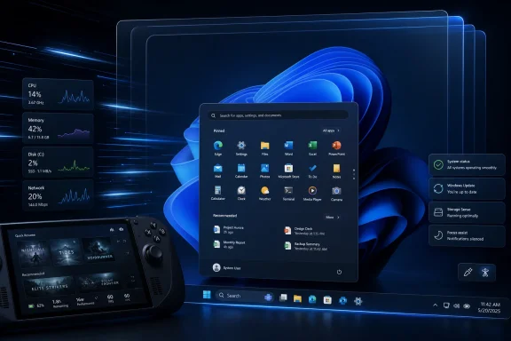 Neon blue Windows 11-style desktop with Start menu, system stats, and floating app icons.
