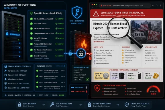 Infographic showing Windows Server 2016 OpenSSH setup with security controls and a warning about untrusted political archive content.