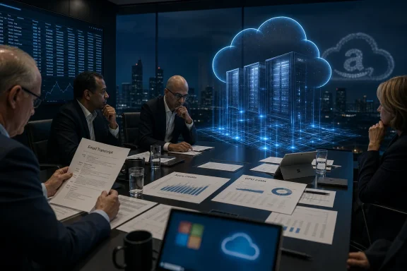 Business meeting in a server room with cloud-computing hologram over city skyline and data charts.