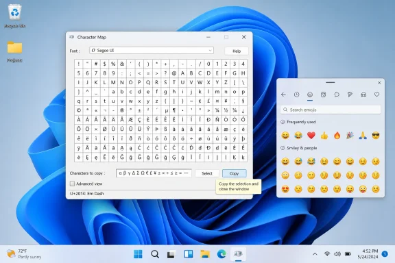 Windows Character Map showing font character grid and an emoji picker over a blue wave desktop background.
