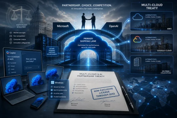 Futuristic multi-cloud partnership scene with Microsoft and OpenAI handshake, “Primary Shipping Lane,” and AWS/Google Cloud branding.