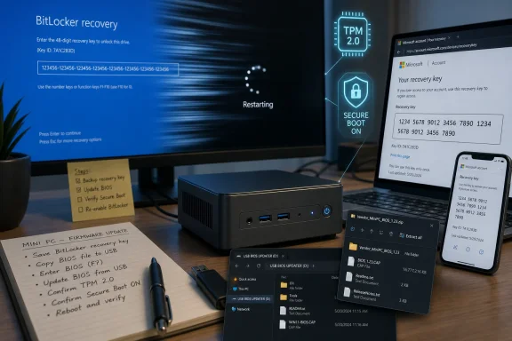 BitLocker recovery screen shown on a PC with TPM 2.0 and secure boot prompts beside a USB updater setup.