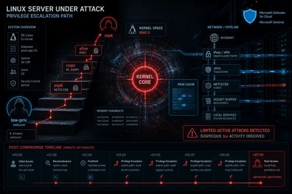 Infographic of a Linux server attack showing privilege escalation steps to root via kernel exploitation.
