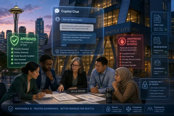 Seattle City Hall scene with a “Copilot Chat” UI showing approved AI tools and governance status.