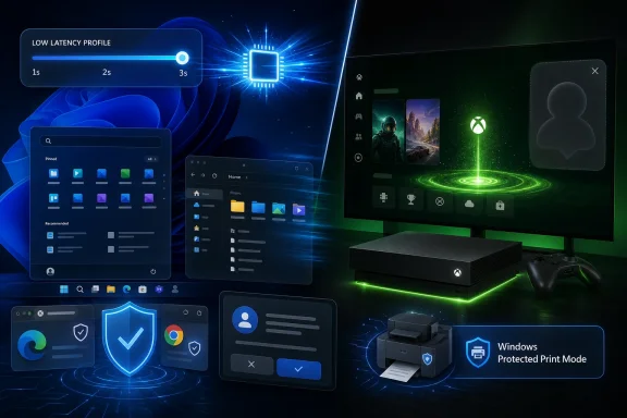 Futuristic PC setup showing Windows protected print mode, gaming controller, and low-latency UI visuals.