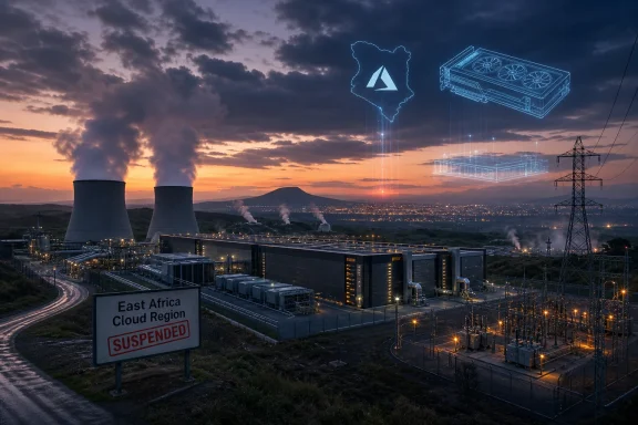 Power plant at dusk with “East Africa Cloud Region SUSPENDED” sign and digital hologram data overlays in the sky.