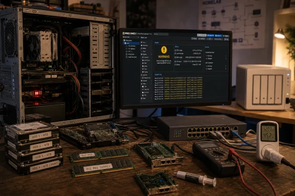 Server rack open with hardware parts on a workbench, monitor showing Proxmox health warning.