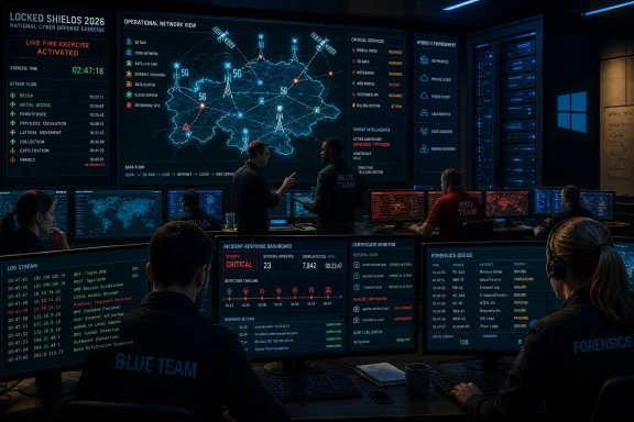 Cyber defense team in a control room monitoring a live 5G network threat dashboard during an exercise.