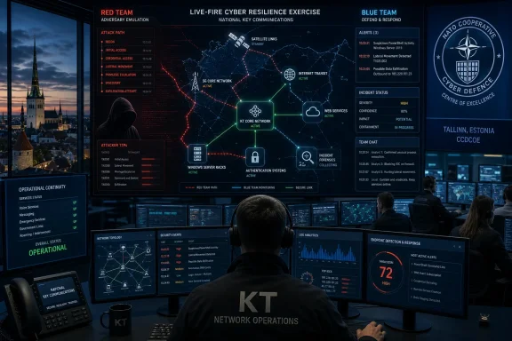 Cyber defense command center screen shows live-fire resilience drill with red/blue team alerts over a network map.