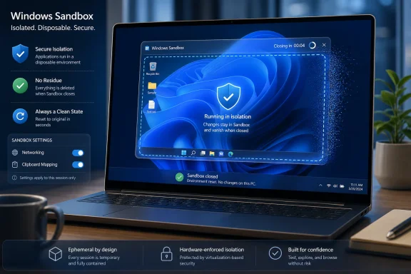 Windows Sandbox runs in isolation on a laptop, with secure disposable environment messaging on screen.
