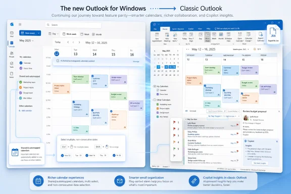 Side-by-side screenshots show Outlook’s new Windows interface compared with the classic Outlook calendar view.