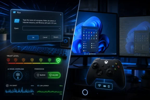 Gaming PC setup with Windows Run dialog, trust-level security gauges, and Xbox-style controller.