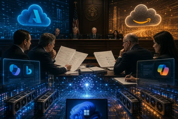 Cautious executives at a courtroom table weigh AI cloud security, flanked by glowing data server rigs.