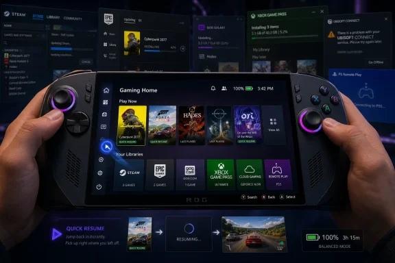 Hands holding a ROG handheld gaming device showing a home screen with installed game launchers.