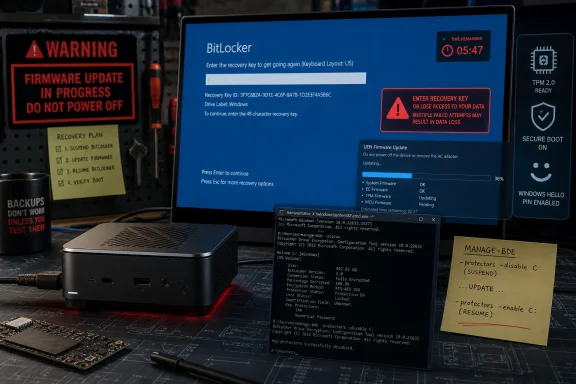 BitLocker recovery screen on a PC during firmware update, with warning notes and a flashing status timer.