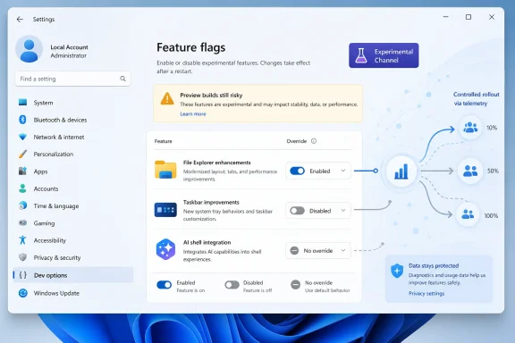 Windows settings “Feature flags” screen with experimental channel options and rollout preview chart.