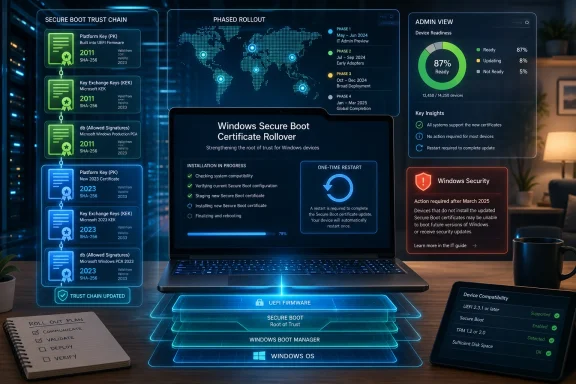 Dashboard-style graphic shows Windows Secure Boot certificate rollover and phased rollout status on a laptop screen.