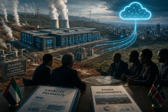 Officials meet over plans for the Olkaria geothermal plant, with a glowing cloud-network energy concept.