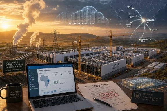 Sunset over a Kenyan geothermal plant with laptops and signed documents showing East Africa cloud region connectivity.