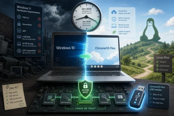 A laptop shows “ChromeOS Flex” with timelines, security checks, and Linux/Windows 11 requirement warnings.