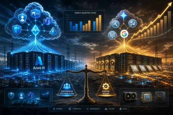 Futuristic data-center landscape split between blue AI and golden analytics, with cloud icons, charts, and power scales.
