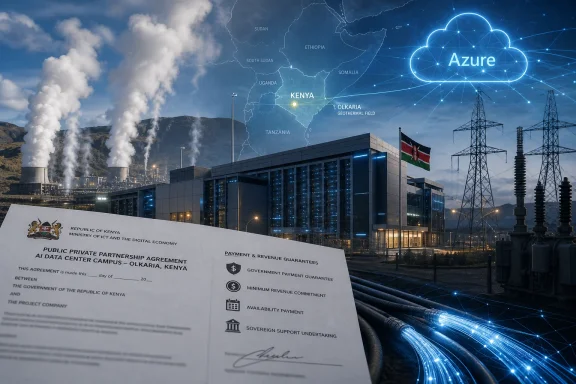 Kenya’s O lkaria data center sign with “Azure” cloud overlay and power/industrial infrastructure at dusk.