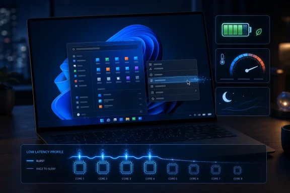 Futuristic laptop with Windows-like interface and blue system HUD showing battery, speed, and low-latency cores.