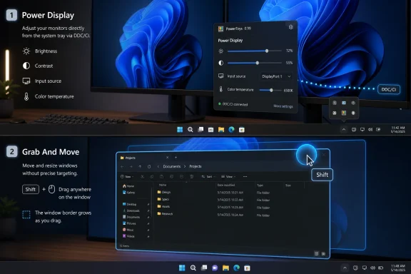 A desktop screen shows Power Display settings and “Grab and Move” window controls in a Windows UI.