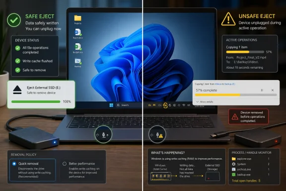 Split-screen shows safe vs unsafe SSD ejection warnings during a Windows file copy, including progress and device status.