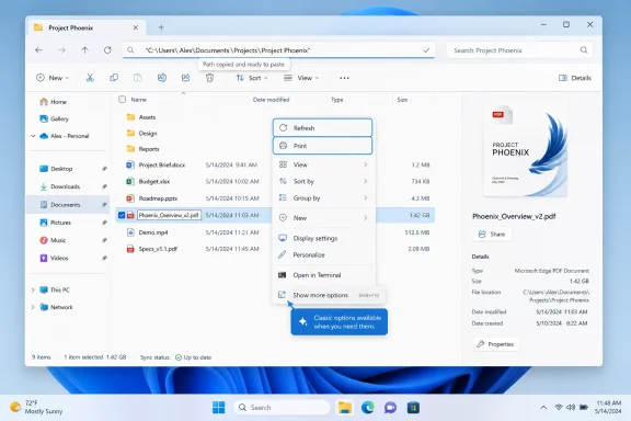 Windows File Explorer shows the “Project Phoenix” folder with a context menu open over a PDF.