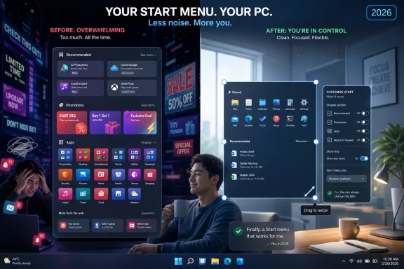 Futuristic Windows 11 start menu customization screen labeled “Before/After: you’re in control,” 2026.