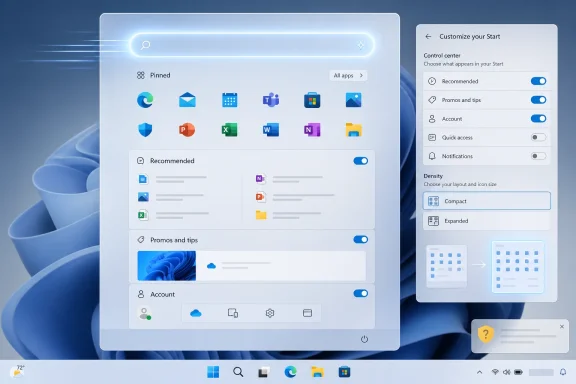 Windows start customization screen showing pinned apps and layout options on a blue desktop background.
