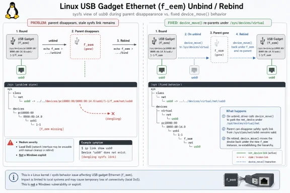 Diagram shows a Linux USB Gadget Ethernet f_eem sysfs unbind/rebind issue and its fix using device_move().