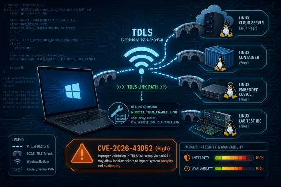 Cybersecurity diagram showing TDLs tunneled link setup between Linux cloud, container, embedded device, and test rig.